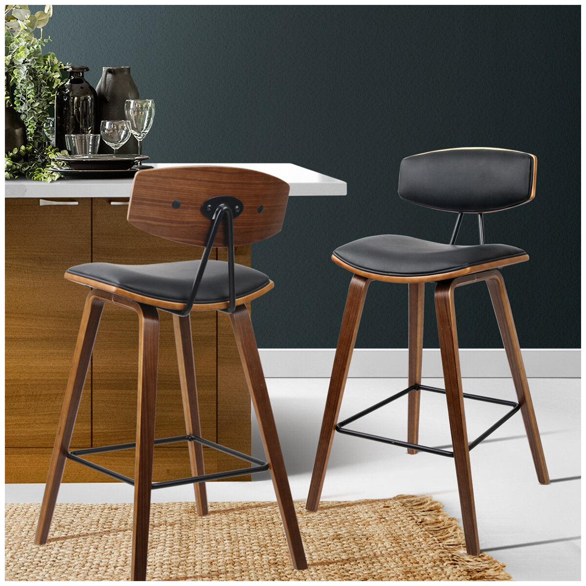 Artiss Cafe Leather Wood Bar Stool Black 2 Pack - SuperSaverAU - view 2