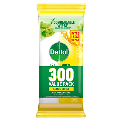 Dettol Lemon Lime Burst Multi Purpose Wipes 300 Pack - 120mm x 205mm - Kills 99.9% Germs