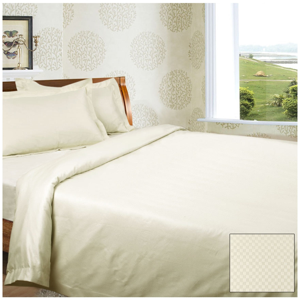 Ramesses Diamond Check Cotton Sateen Dobbly 1350 Thread Count Queen Quilt Cover Set Cream - SuperSaverAU - view 1