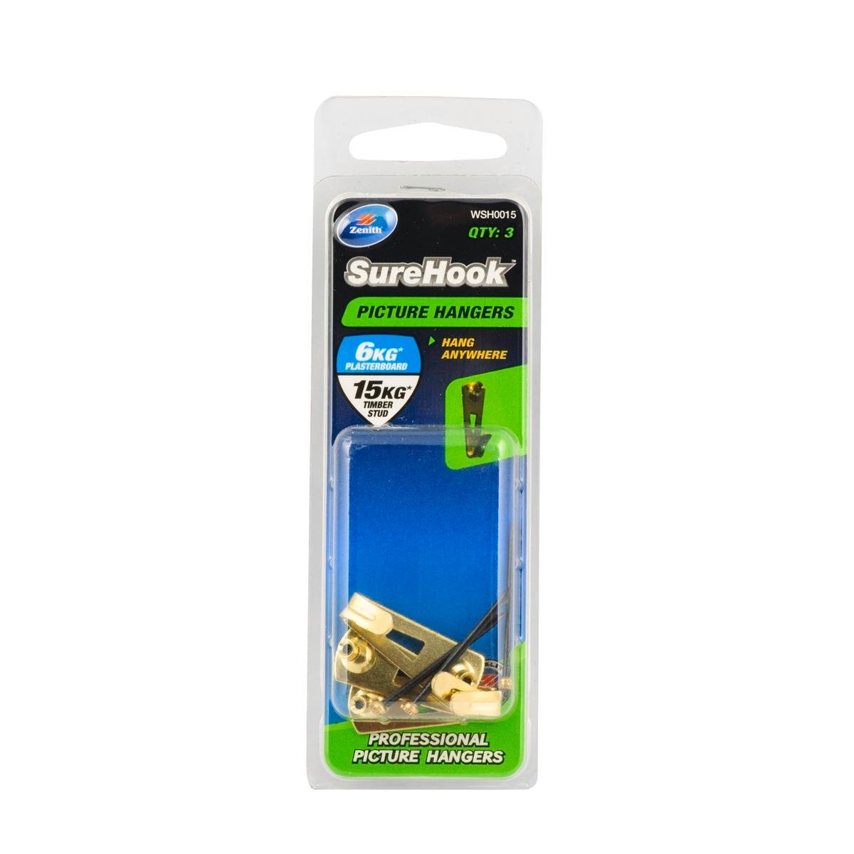 Zenith Picture Hanger 15kg Brass Plated Steel 3 Pack Surehook - SuperSaverAU - view 1