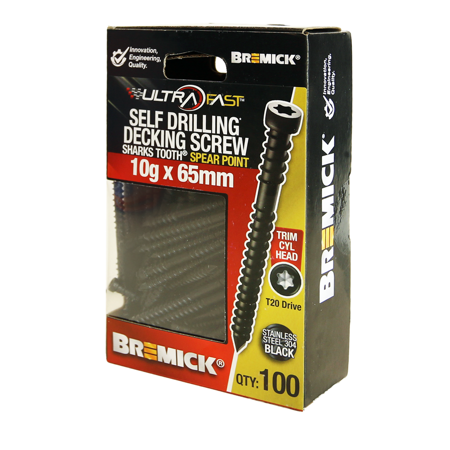 Bremick Ultrafast Trim Head Screws - 10g x 65mm - Black - 100 Pack - Stainless Steel 304 - Smooth Installation - SuperSaverAU - view 1