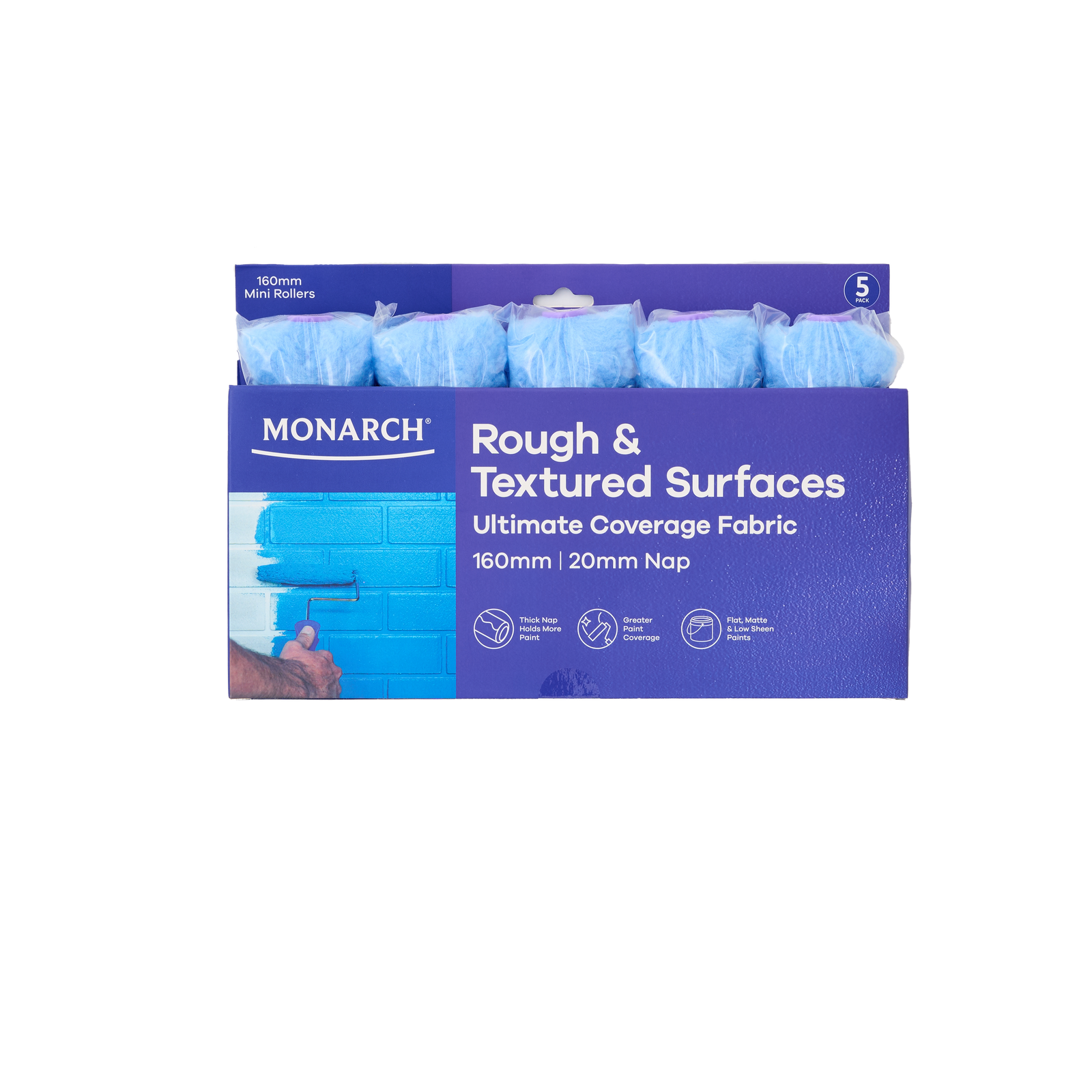 Monarch 160mm 20mm Nap Woven Polyester Rough & Textured Mini Rollers 5 Pack