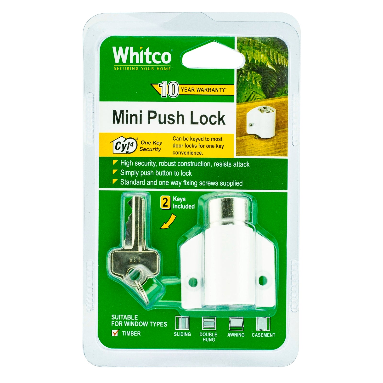 Whitco CYL4 Mini Push Lock Window Lock - White Lockable Zinc