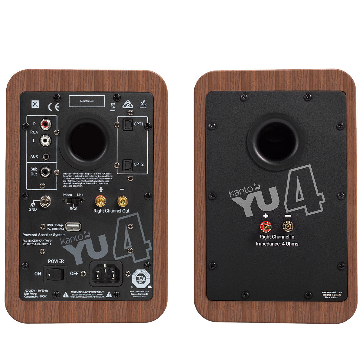 Kanto YU4 140W Powered Bookshelf Speakers Walnut - Bluetooth, Phono Preamp, 4" Drivers