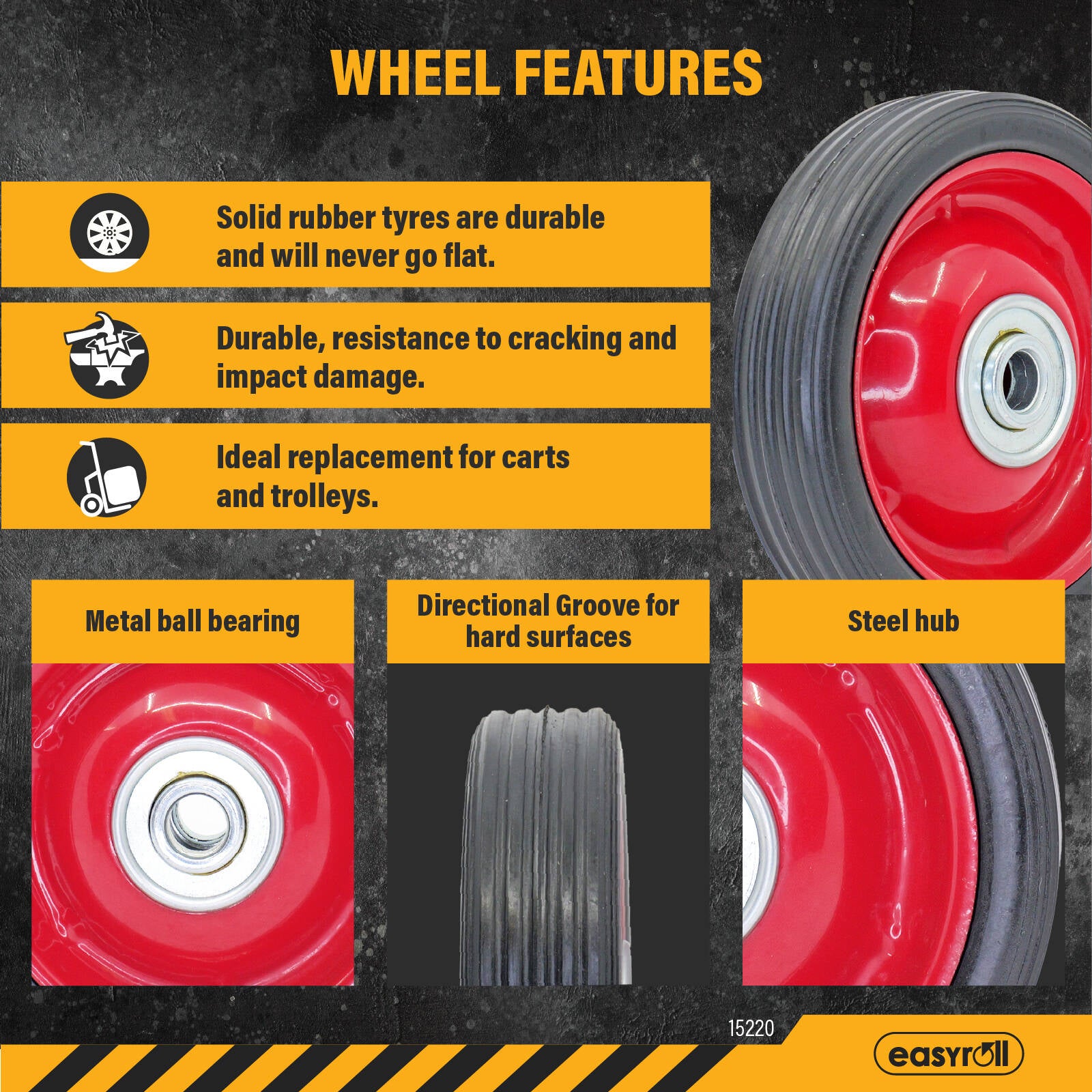 Easyroll 125mm Black Rubber Tyre with Red Metal Centre, Solid, 40kg Load