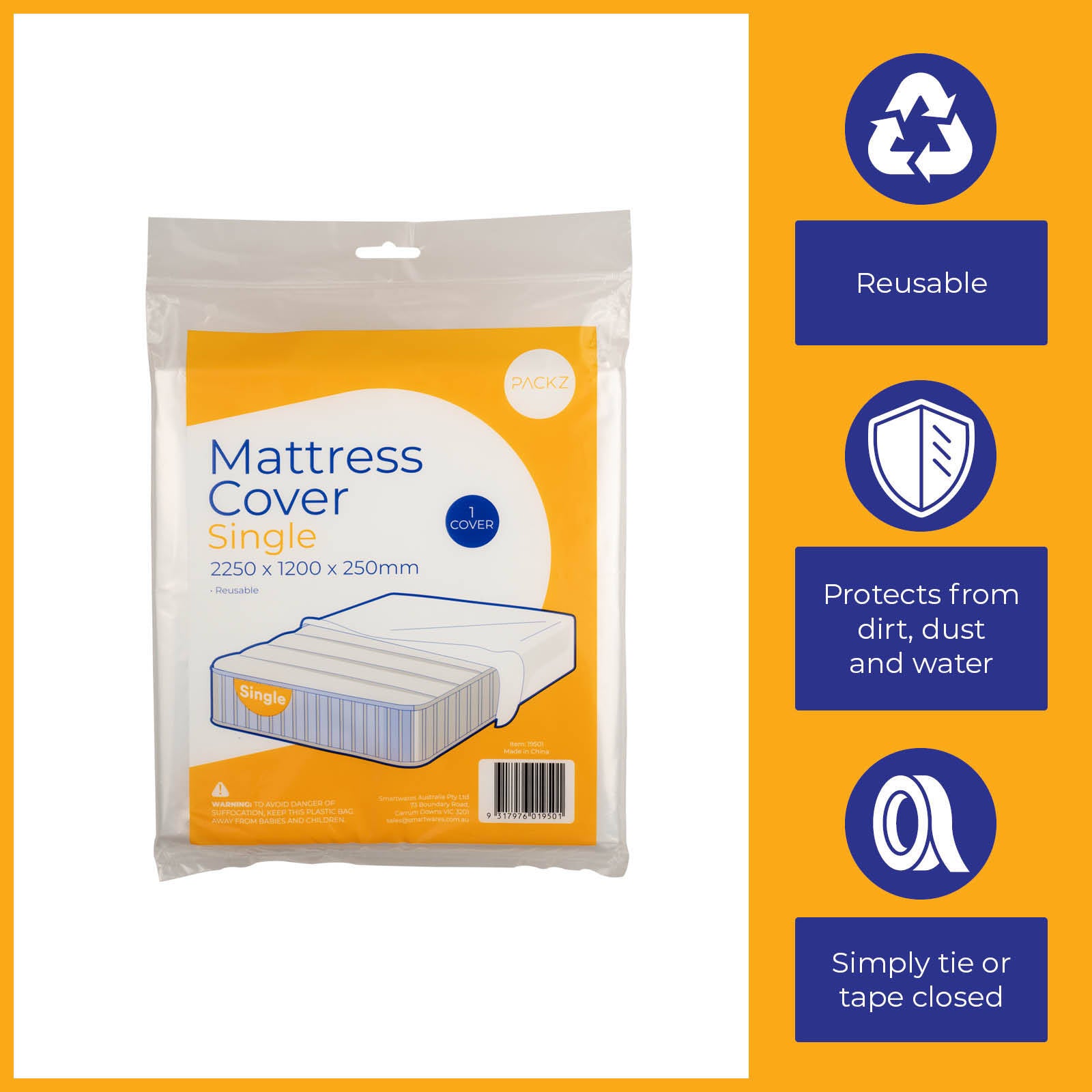 Packz Clear Plastic Single Mattress Cover 2250 x 1200 x 250mm