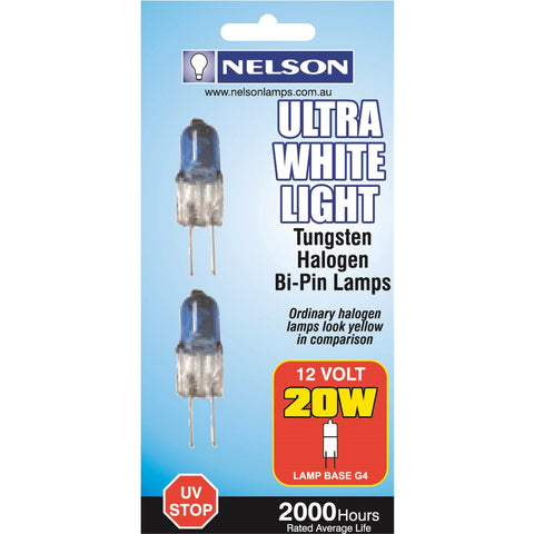 Nelson Ultra White Halogen G4 Bi Pin Lamps - 20 Watt - Twin Pack - 3500K - SuperSaverAU - view 1