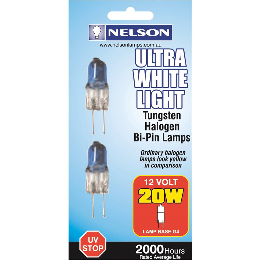Nelson Ultra White Halogen G4 Bi Pin Lamps - 20 Watt - Twin Pack - 3500K - SuperSaverAU - view 1