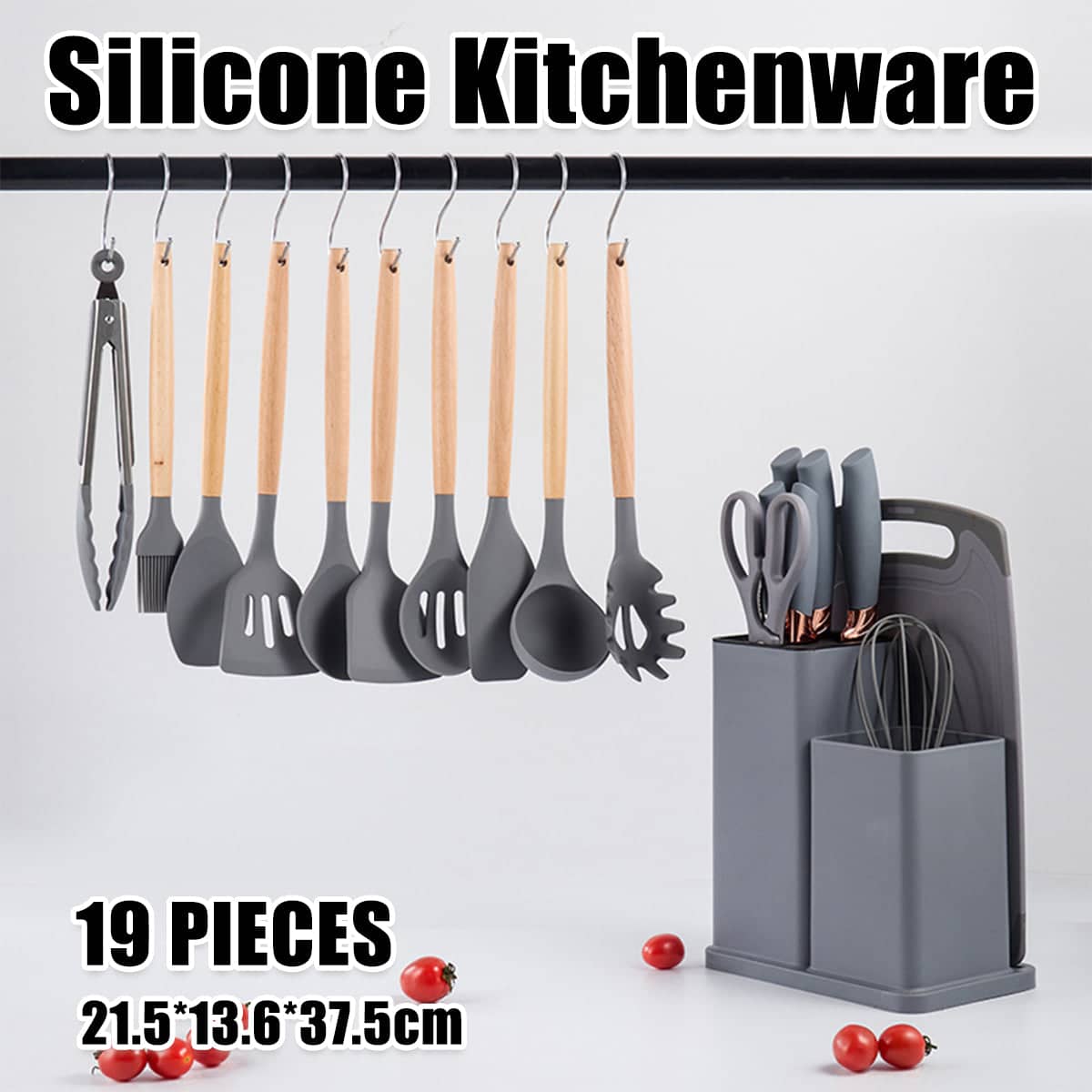 19 Piece Silicone Kitchenware Set with Storage Barrel - Grey
