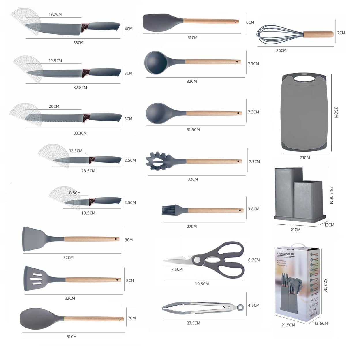 19 Piece Silicone Kitchenware Set with Storage Barrel - Grey - view 3