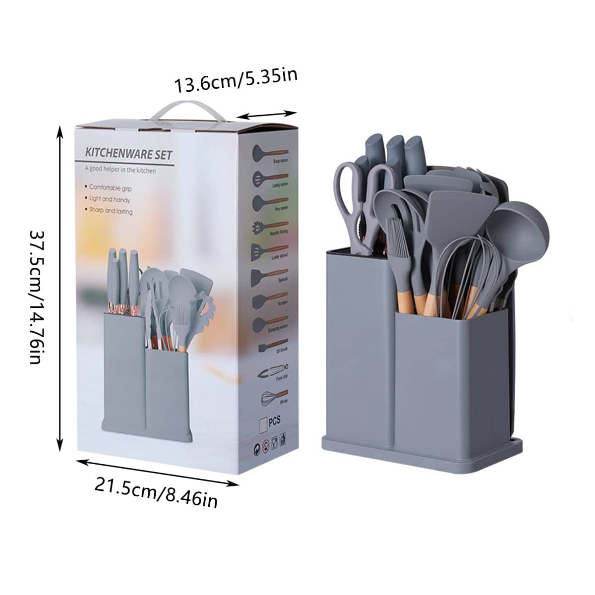 19 Piece Silicone Kitchenware Set with Storage Barrel - Grey - view 5