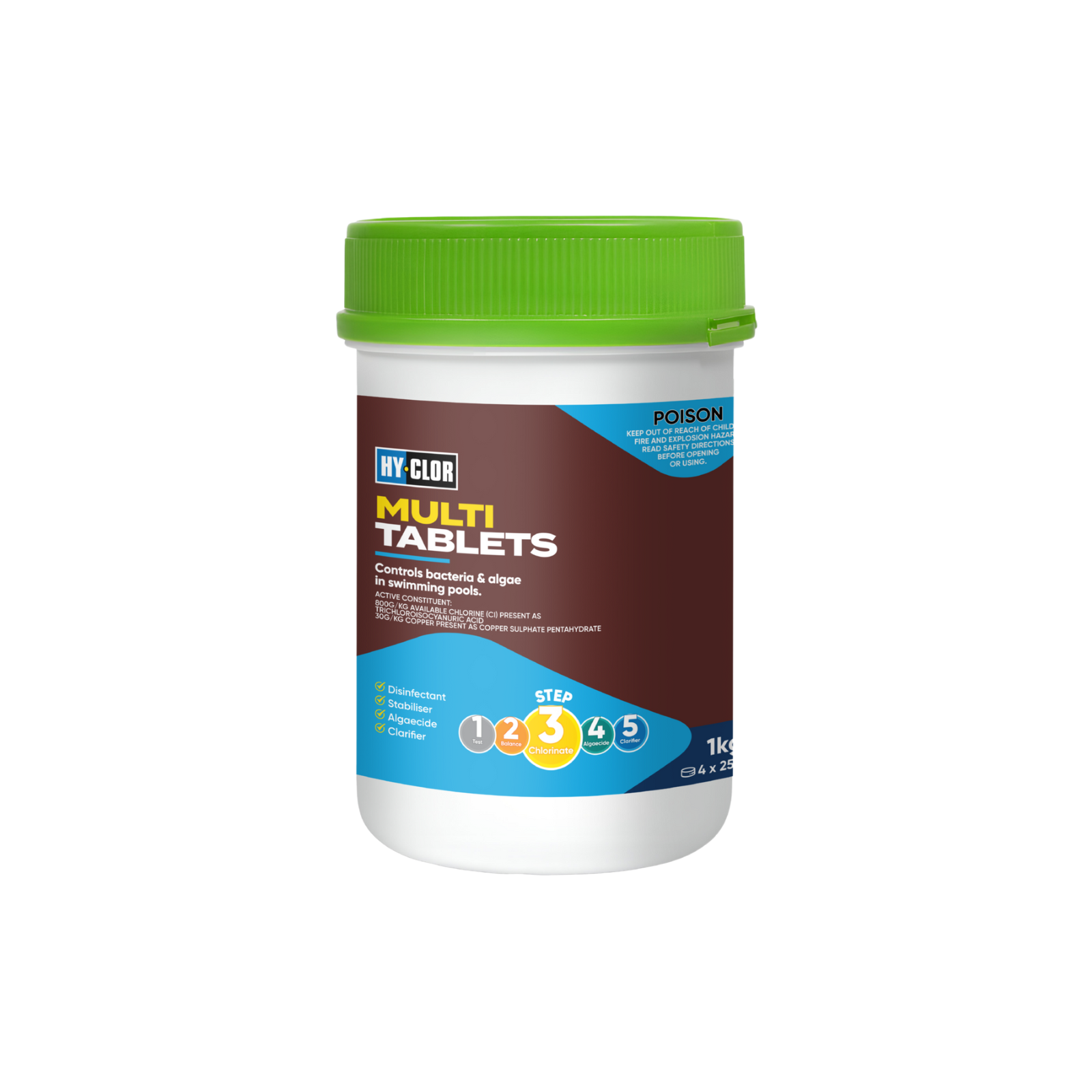 Hy-Clor 5 In 1 Multi Pool Tablets 1kg Trichloroisocyanuric Acid Slow-Dissolve