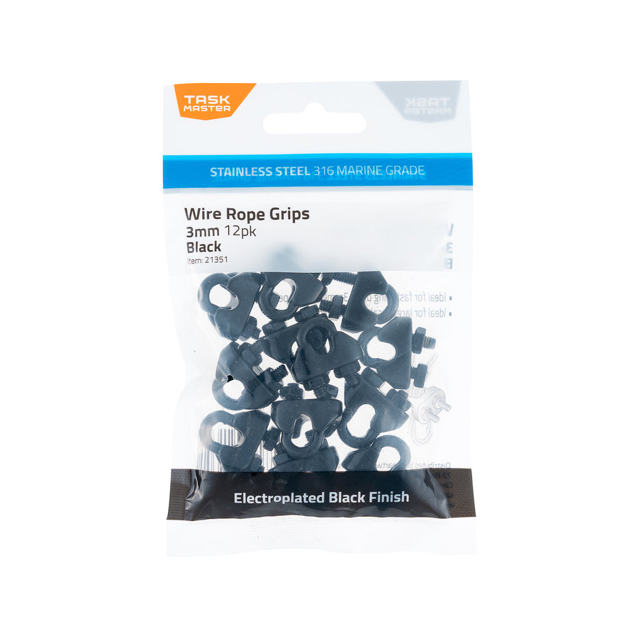 Taskmaster 3mm Black 316 Stainless Steel Wire Rope Grips 12 Pack