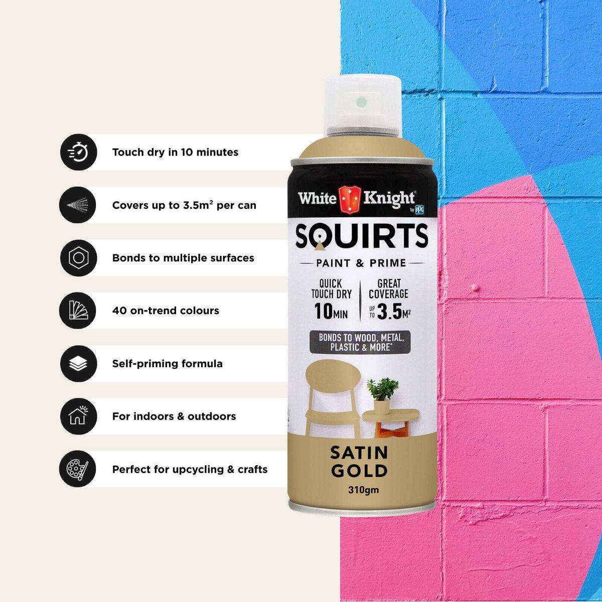 White Knight Squirts Gold Satin Spray Paint 310g Solvent Based Durable - SuperSaverAU - view 5