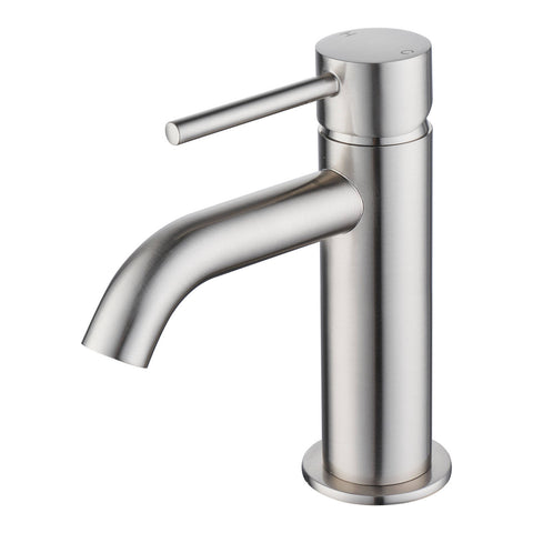 Mondella Resonance Brushed Nickel Curved Spout Basin Mixer, 25mm Cartridge, Pin Lever, 6L/min WELS 5 Star