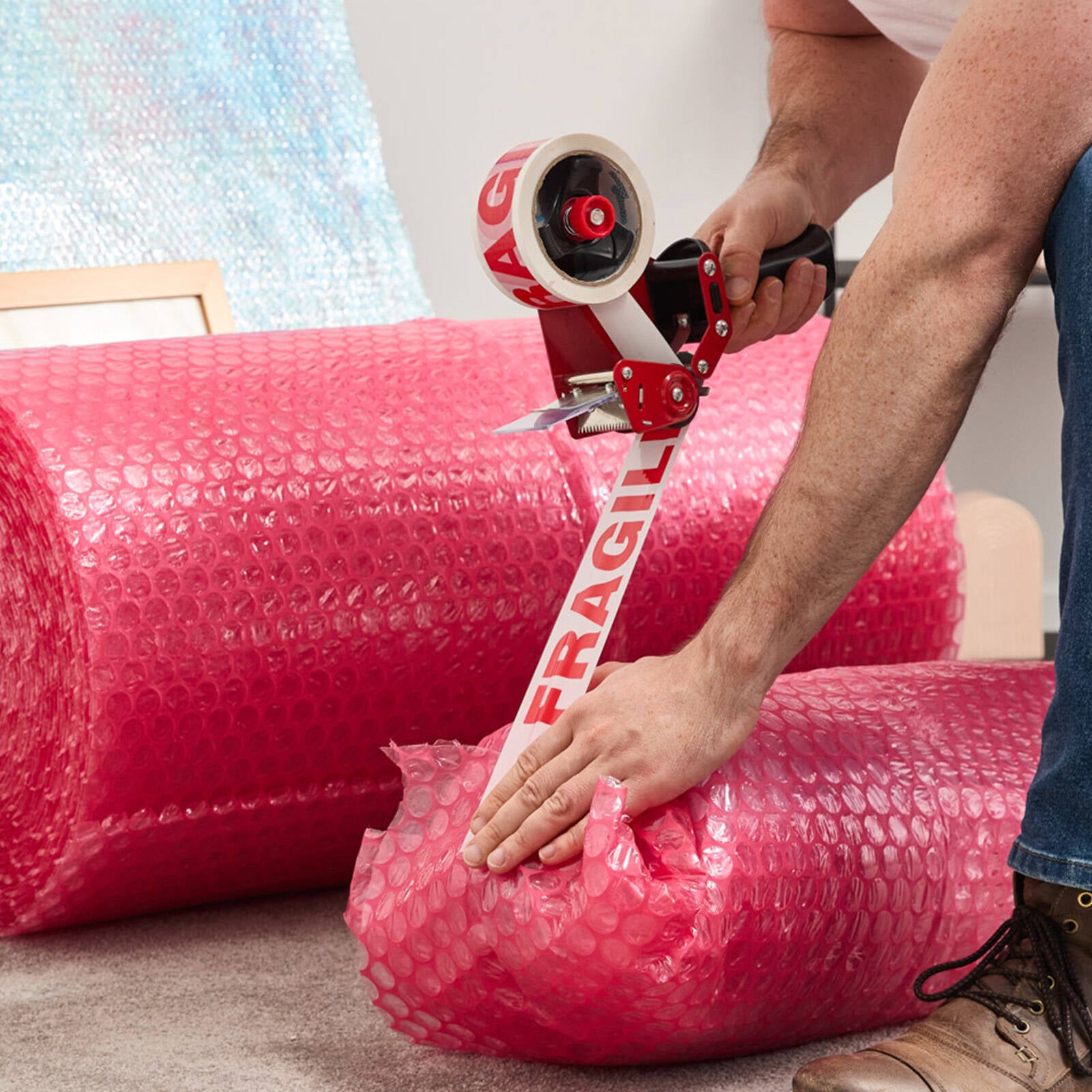 Wrap & Move Fragile Warning Tape - 48mm x 66m White/Red BOPP Packing Tape