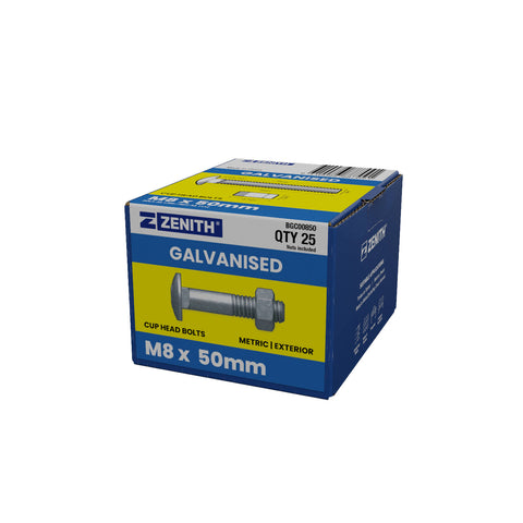 ZENITH M8 x 50mm Hot Dip Galvanised 4.6 Grade Cup Head Bolts and Nuts - 25 Pack