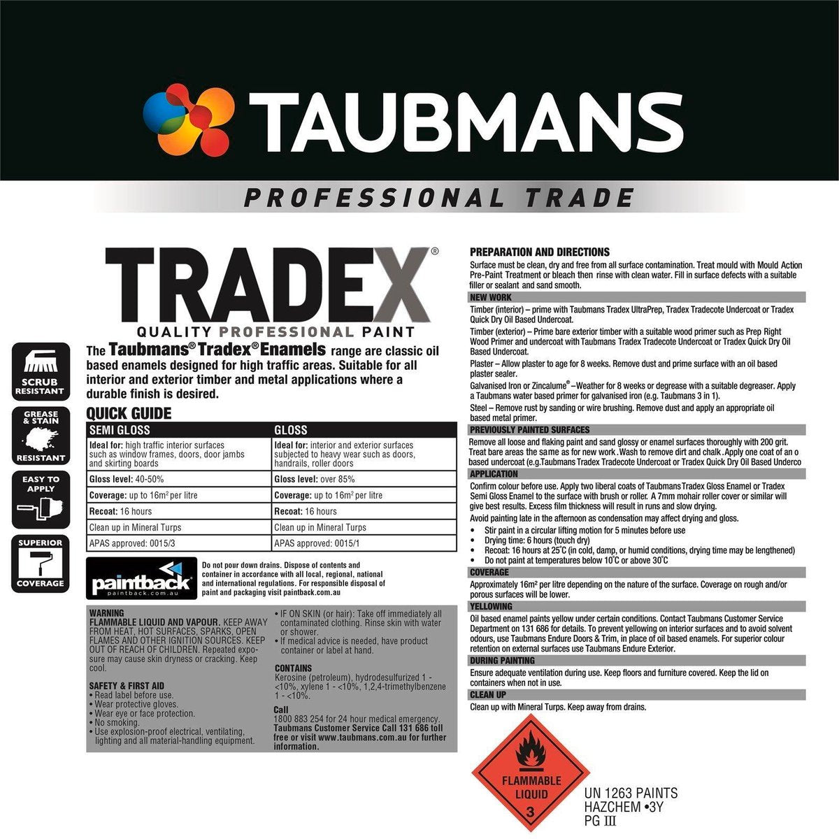 Taubmans 4L Tradex Semi Gloss White Enamel Oil Based Paint - Durable Finish - Washable - 16 m²/L Coverage - SuperSaverAU - view 3