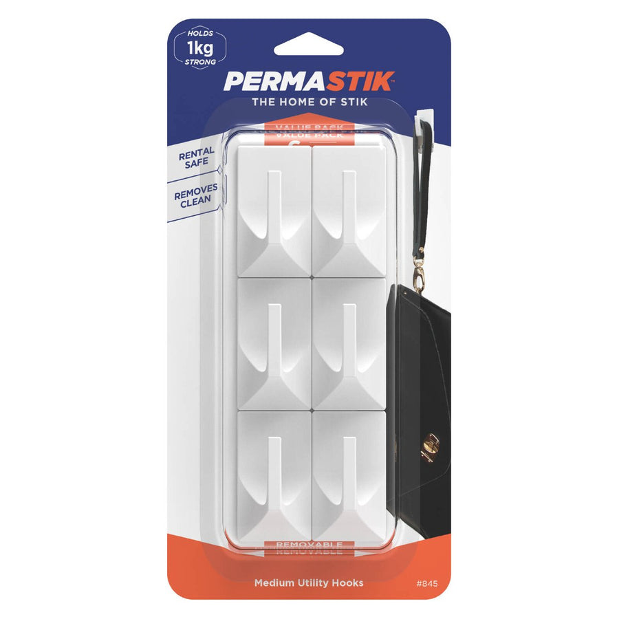 Permastik Medium Utility Hooks 6 Pack - 1kg Capacity - White - 110mm x 225mm - SuperSaverAU - view 1