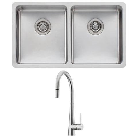 Oliveri Double Bowl Sink with Double Drainer and Essente Pull Out Tap Pack - Top or Undermount - SS31625SN63TU