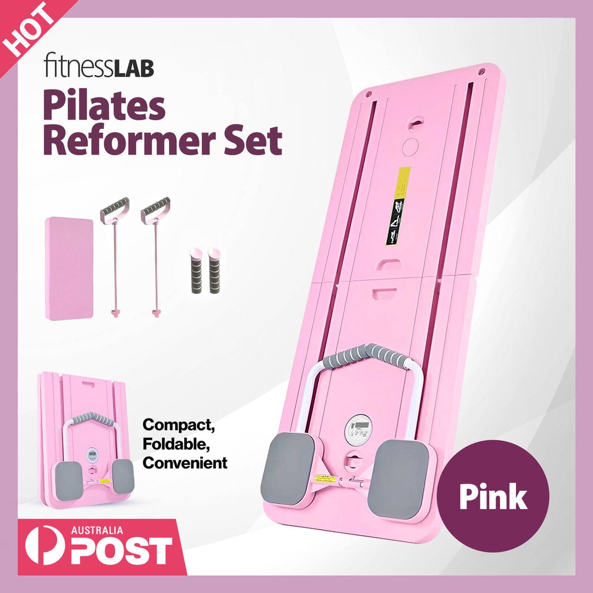 Fitnesslab Pink Pilates Board Reformer - Foldable Set - 410mm x 115mm x 990mm - Full Body Workouts - SuperSaverAU - view 2