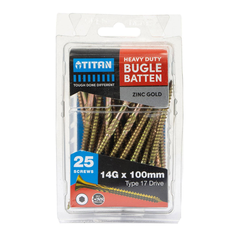 Titan 14g Zinc Gold Timber Bugle Batten Screw - 25 Pack - 100mm - Corrosion Resistant - SuperSaverAU - view 1