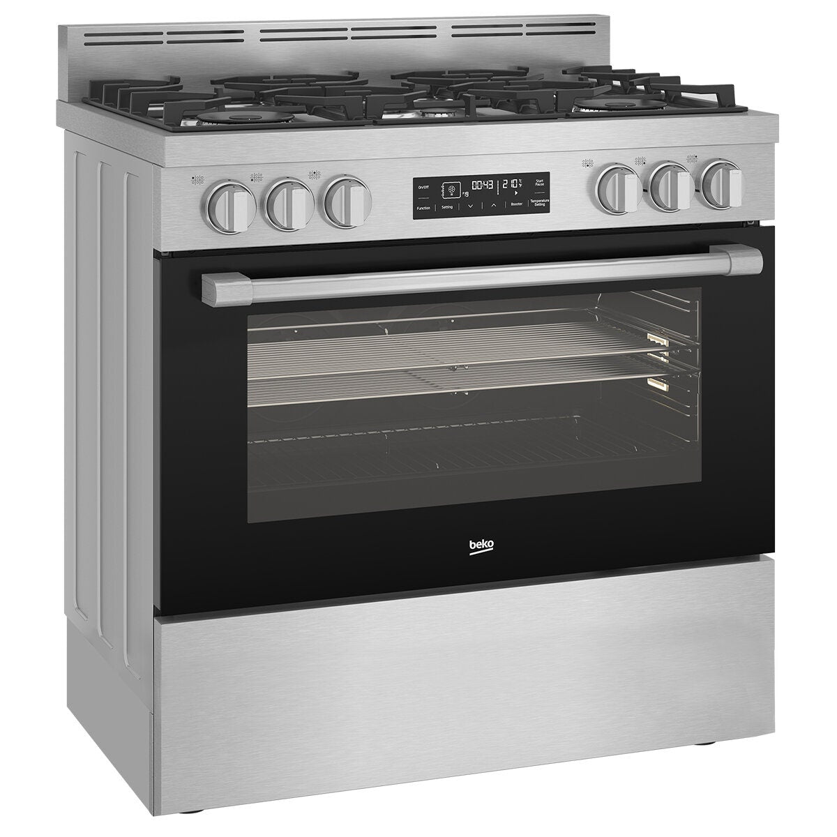 Beko 90cm Dual Fuel Freestanding Oven - 130L Twin Fan, Six Gas Burners, Stainless Steel - BFC918GMX1