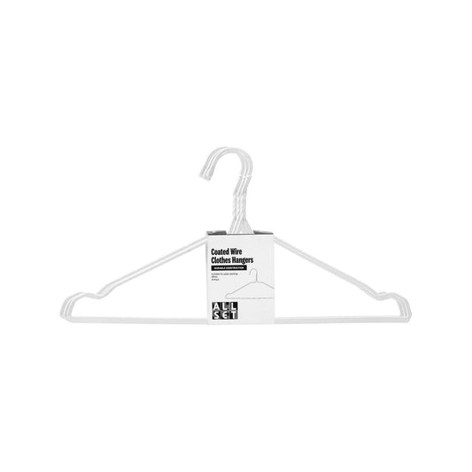 All Set White Coated Wire Clothes Hangers 10 Pack - 205mm x 31mm x 400mm - Slim Design