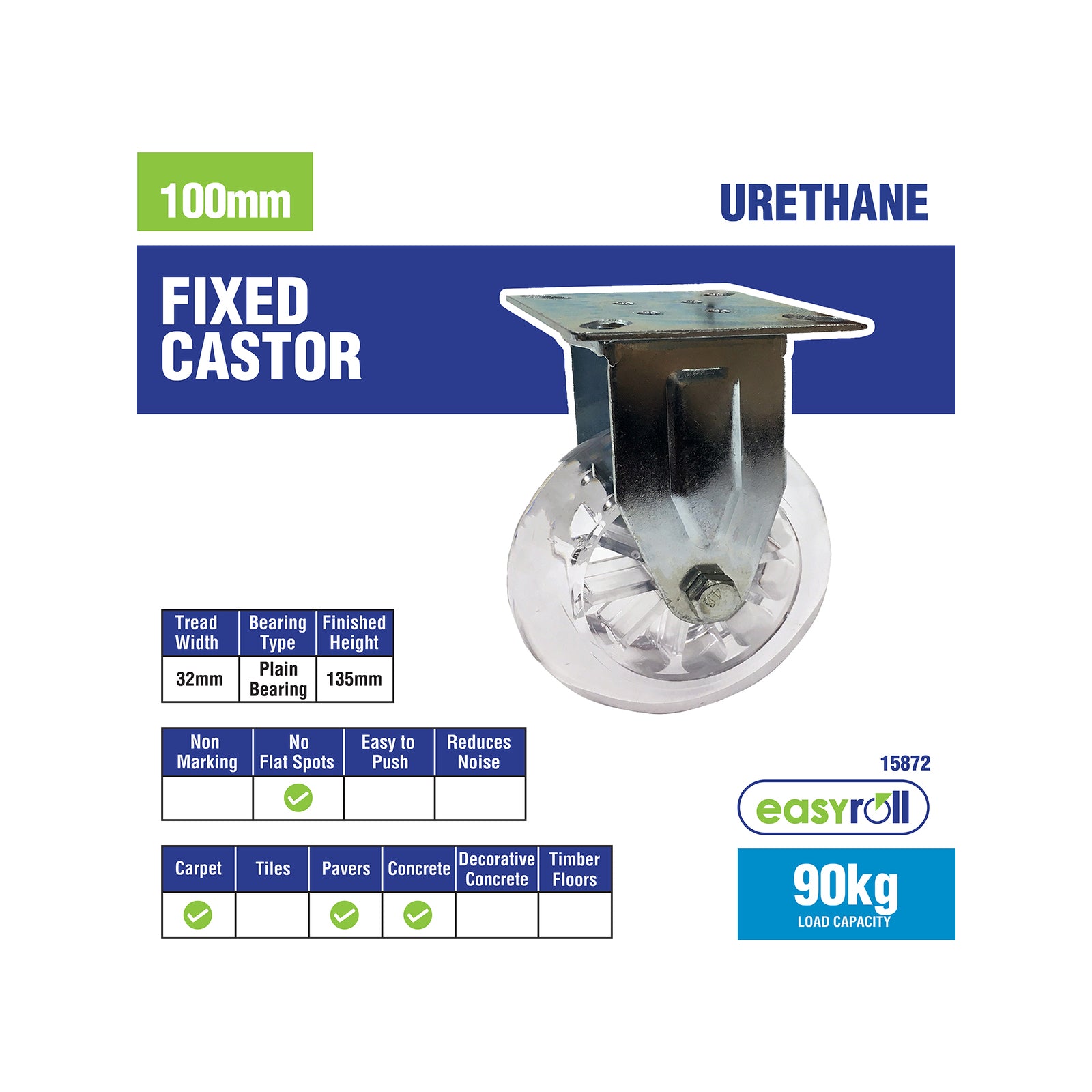 Easyroll 100mm Transparent Polyurethane Fixed Plate Castor, Indoor, 90kg