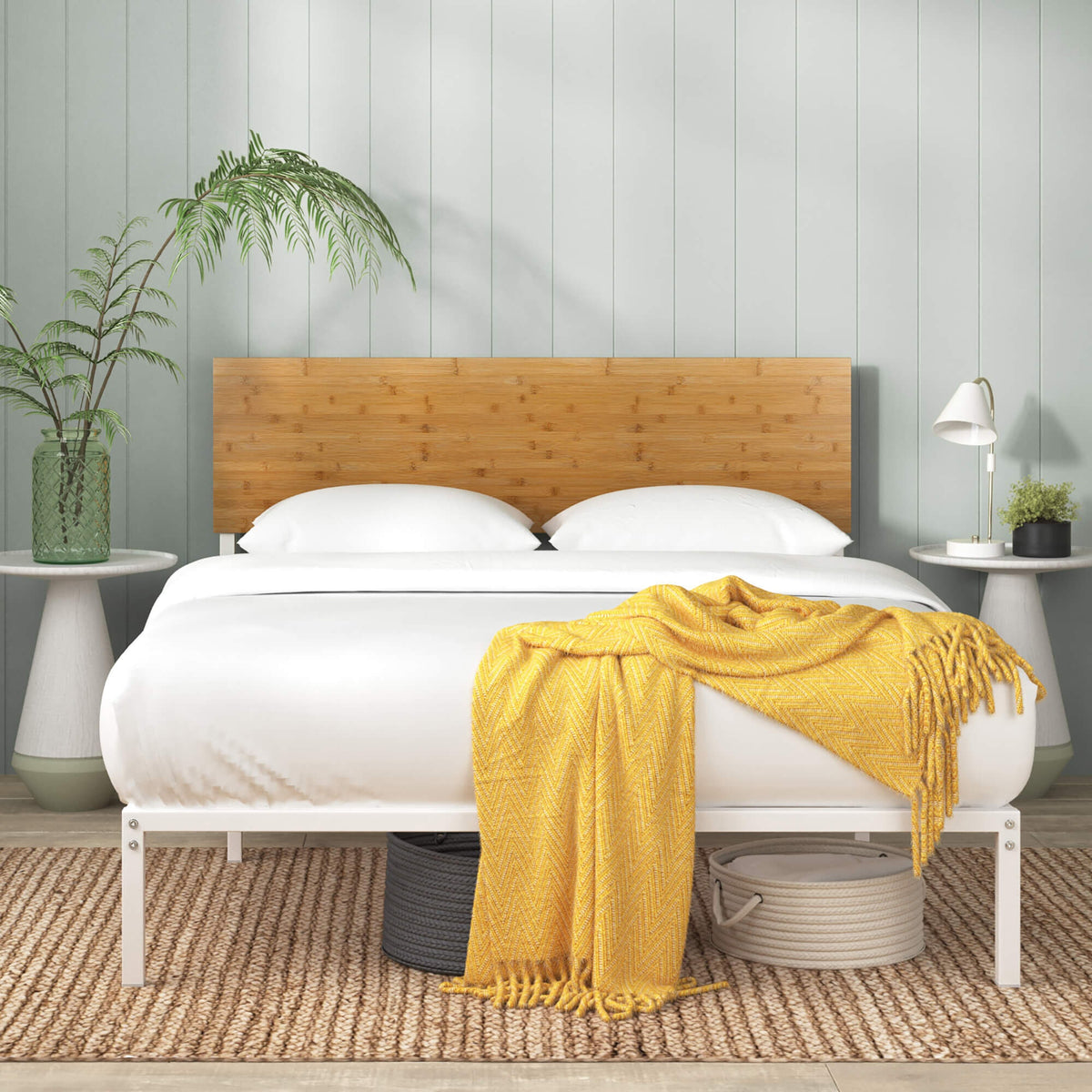 Zinus Double Metal and Bamboo Bed Frame - White, Adjustable Headboard, No Box Spring Needed - AU-FBOBH2-39D