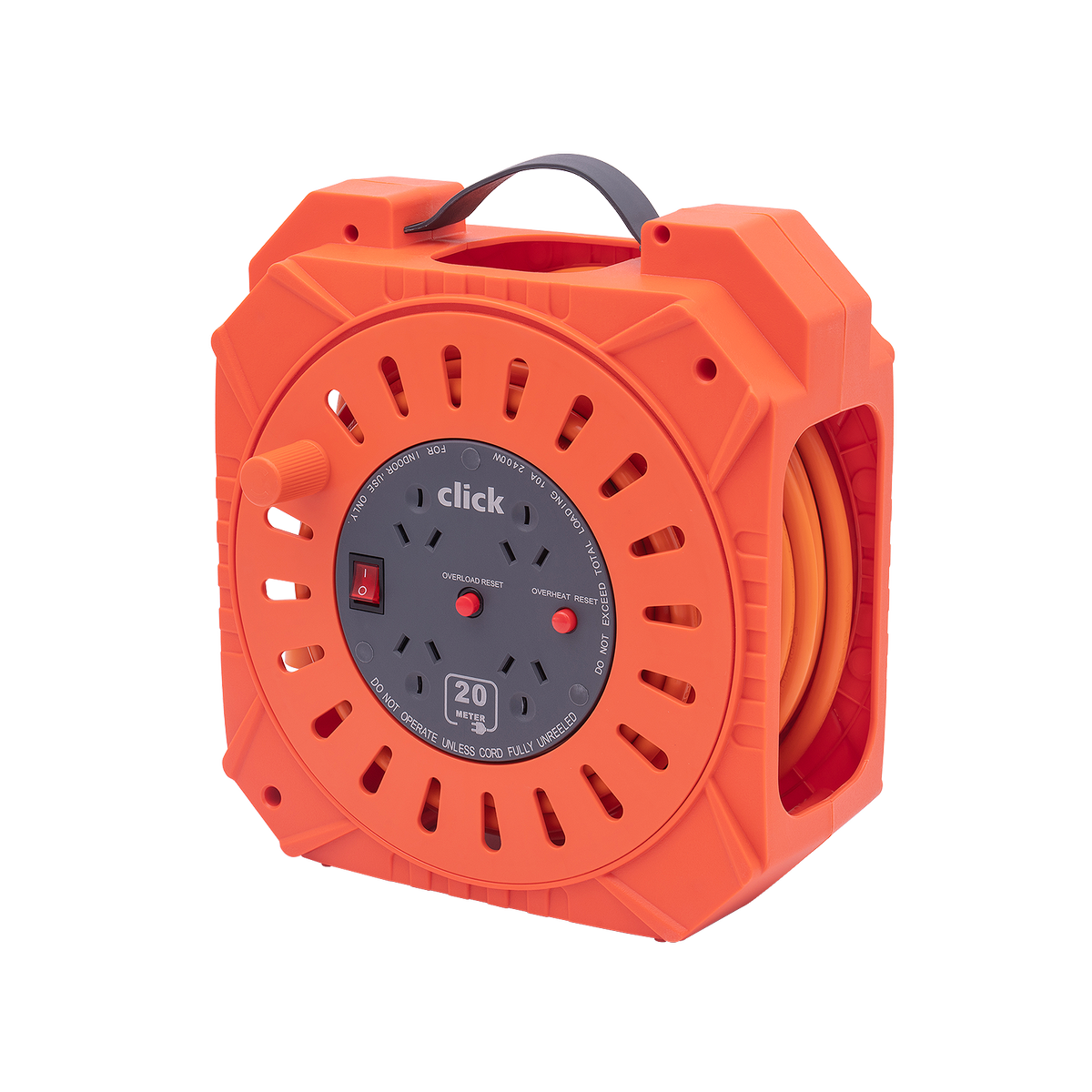 Click 20m Heavy Duty 4 Outlet Cable Reel - Orange and Grey - Safety Features - SuperSaverAU - view 1