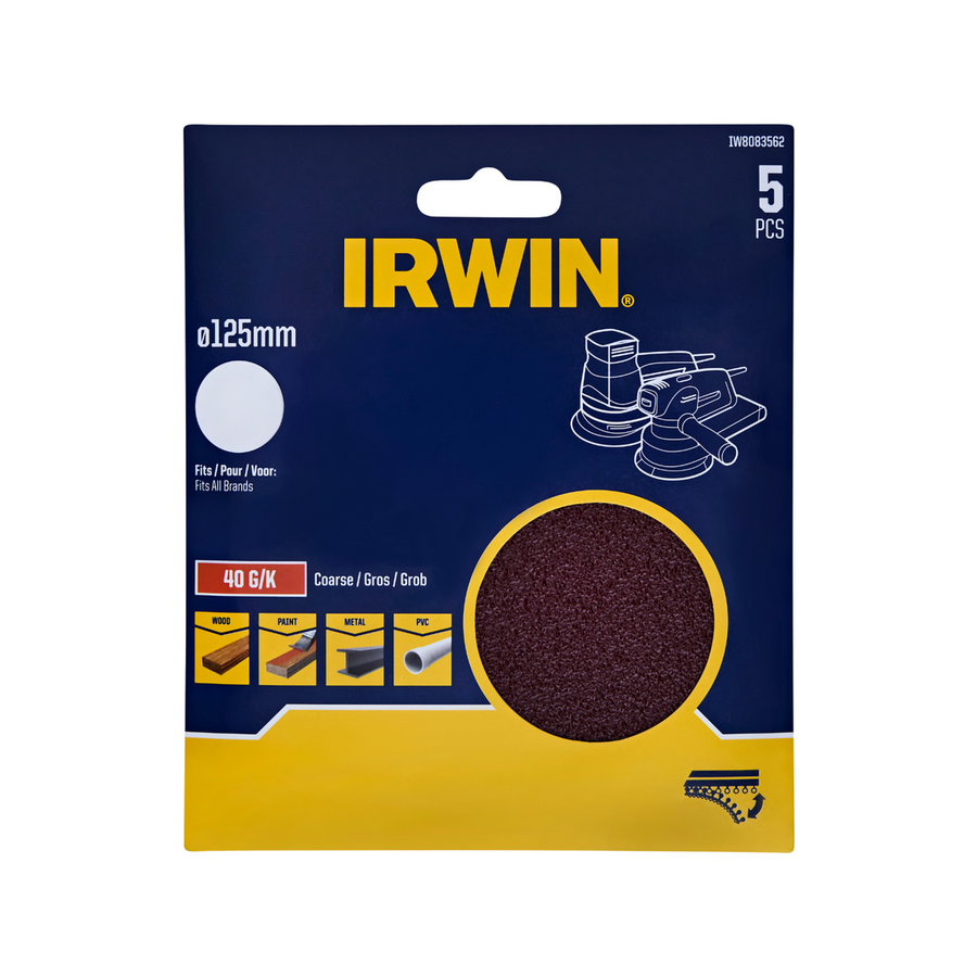 Irwin 125mm Quick Fit No Holes Random Orbital Sanding Discs 5 Pack - 40 Grit - Efficient Stock Removal - SuperSaverAU - view 1