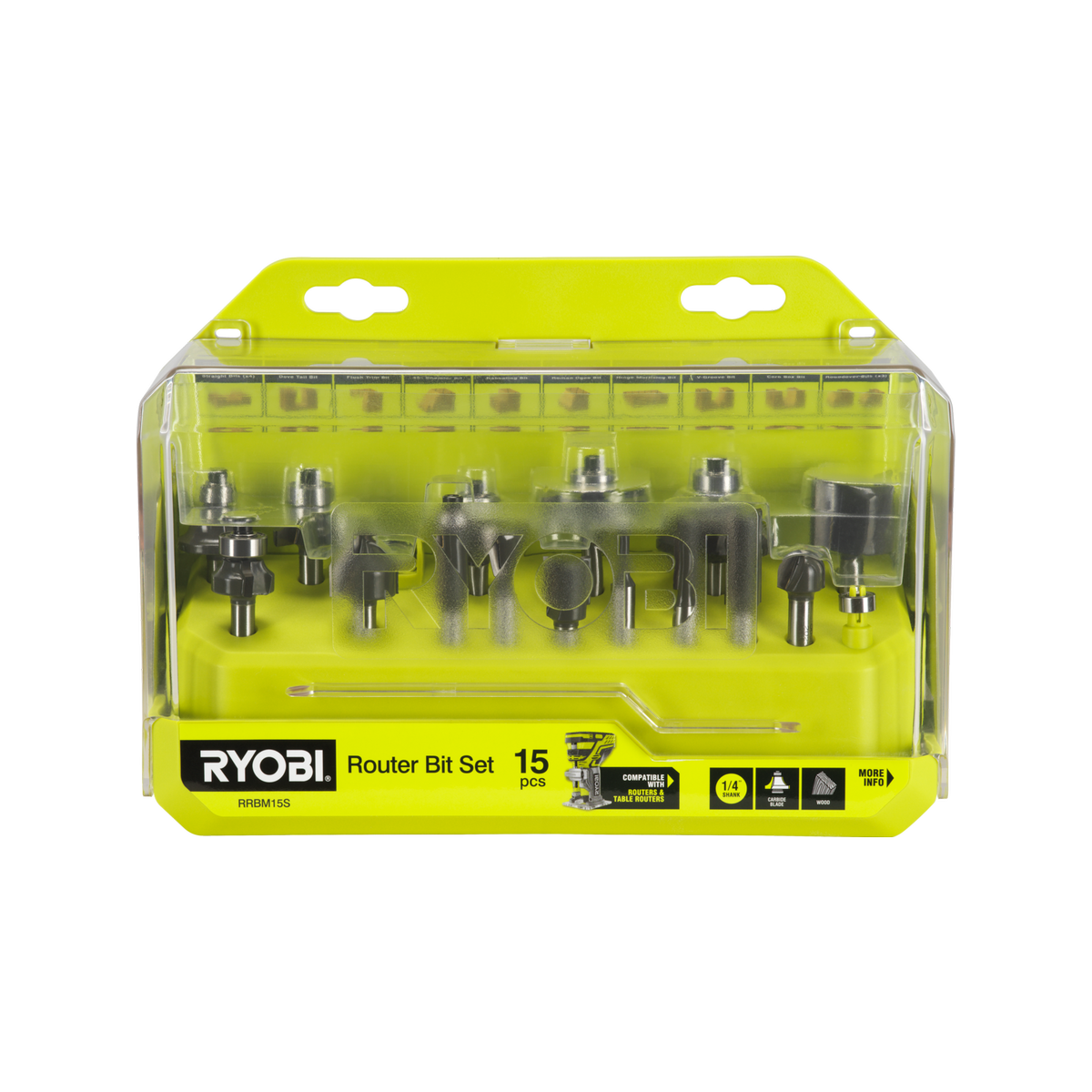 Ryobi 15 Piece Mixed Router Bit Set RRBM15S - ¼” Shank - Carbide Blades - Storage Case - SuperSaverAU - view 1