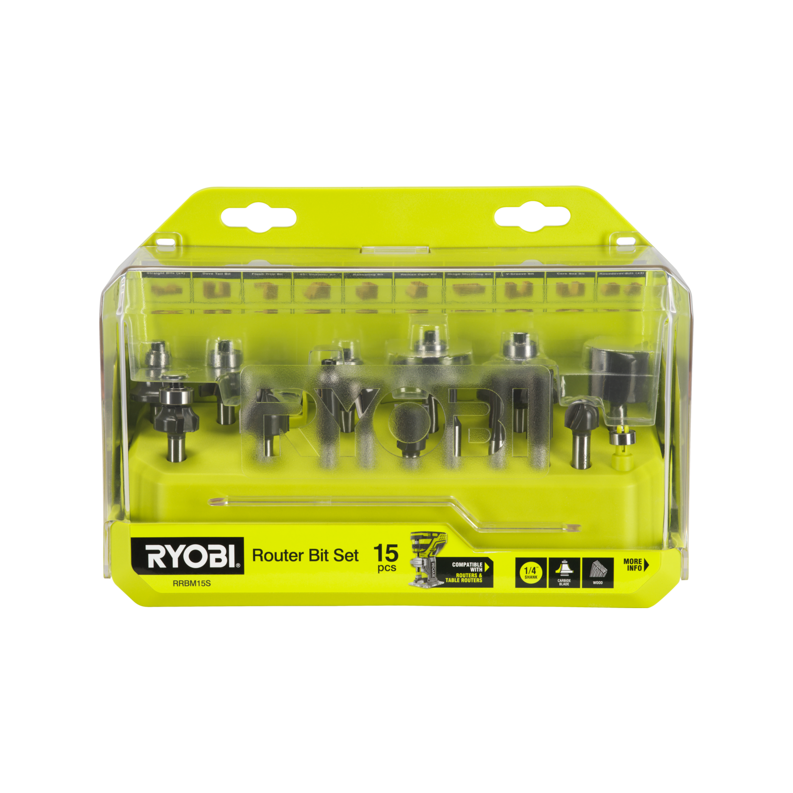 Ryobi 15-Piece Mixed Router Bit Set - Straight, Roundover, Chamfer & Trim