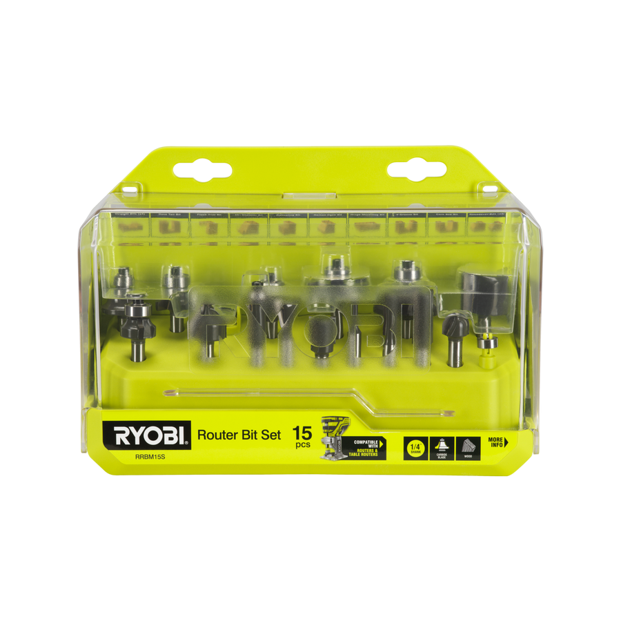 Ryobi 15-Piece Mixed Router Bit Set - Straight, Roundover, Chamfer & Trim