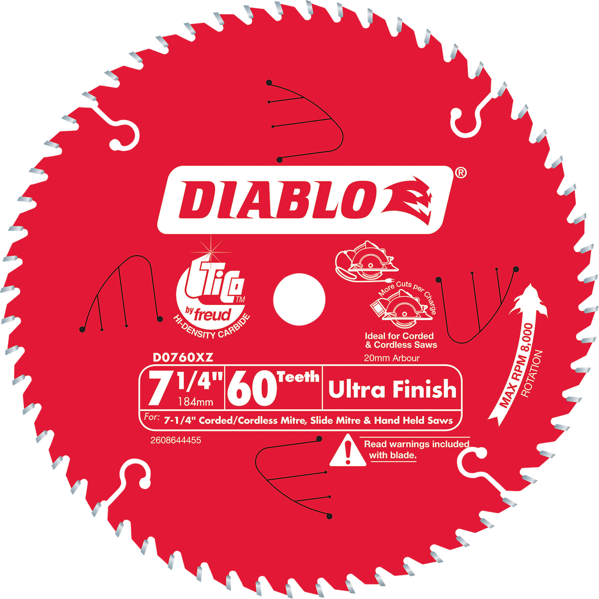 Diablo 184mm 60t Ultra Finish Circular Saw Blade - TiCo Carbide - Steel