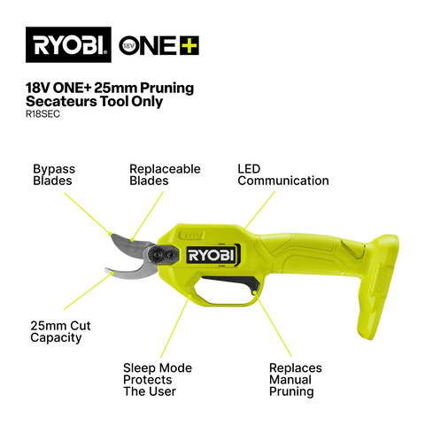Ryobi 18V ONE+ Cordless Bypass Pruning Secateurs - Tool Only R18SEC