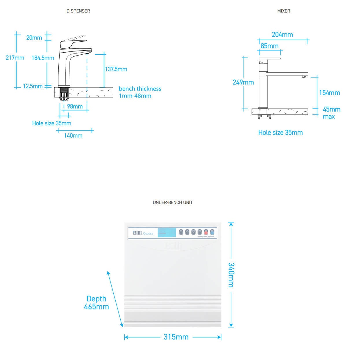 Billi Quadra Plus 5 Boiling and Chilled Filtered Water Tap - XL Levered Dispenser - Paddle Mixer - 904025LPCH