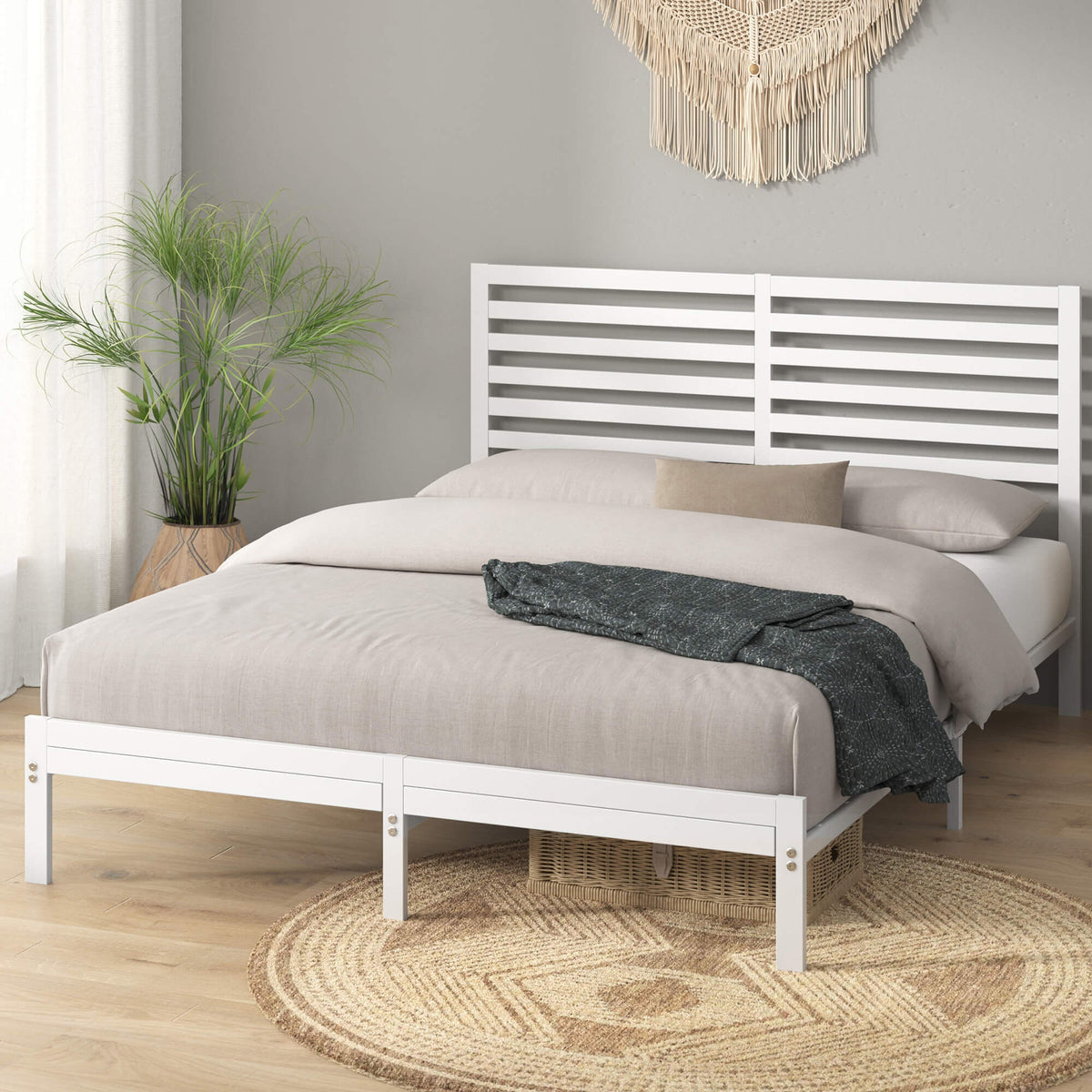 Zinus Double Metal and Bamboo Bed Frame - White Steel Frame, Bamboo Headboard Accent - AU-FBOBH3ZC-35D