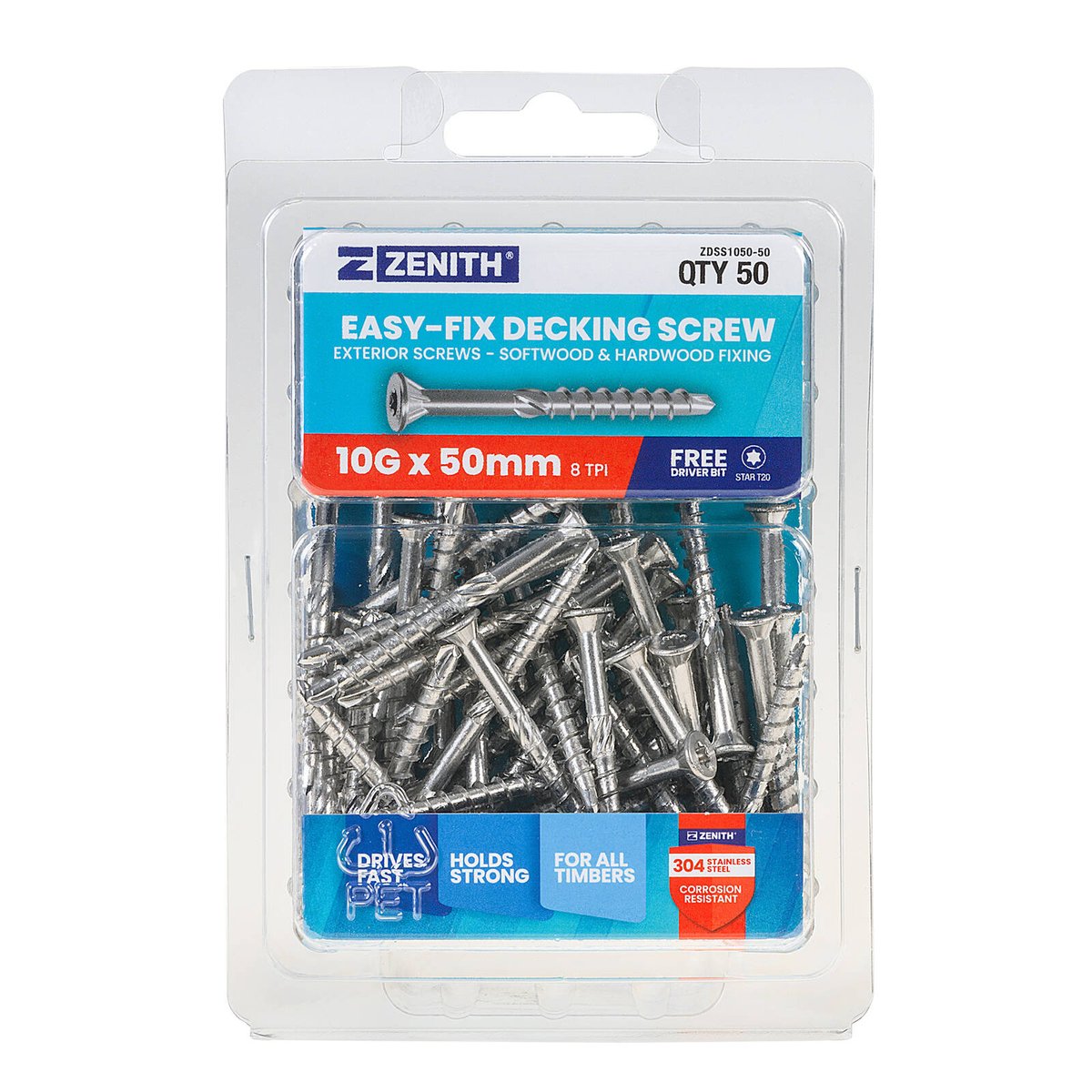 Zenith Easy Fix Decking Screw T20 10g x 50mm SS304 - 50 Pack - Corrosion Resistant - SuperSaverAU - view 1