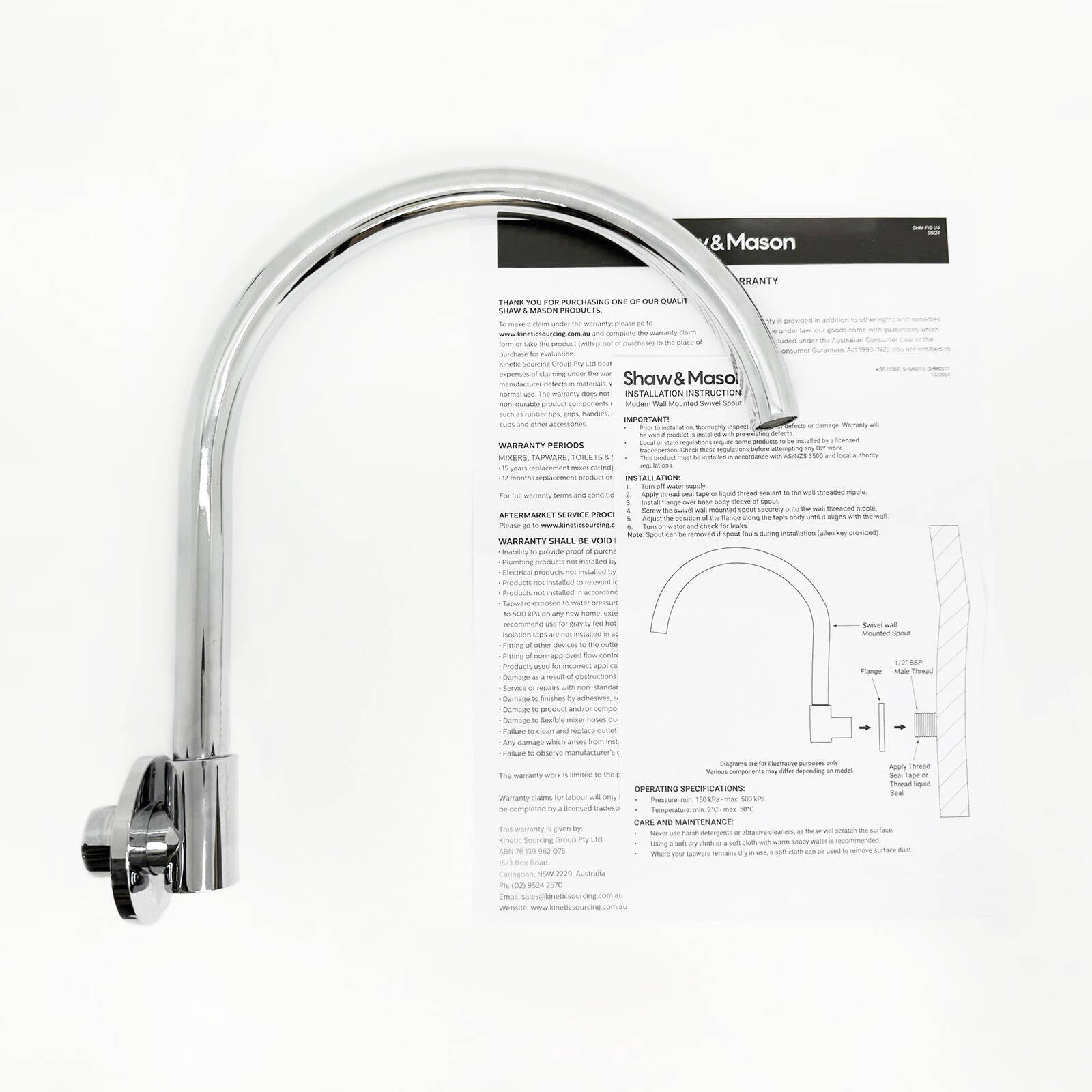 Shaw & Mason 250mm Chrome Swivel Wall Mounted Spout 4 Star WELS 7.5L/min