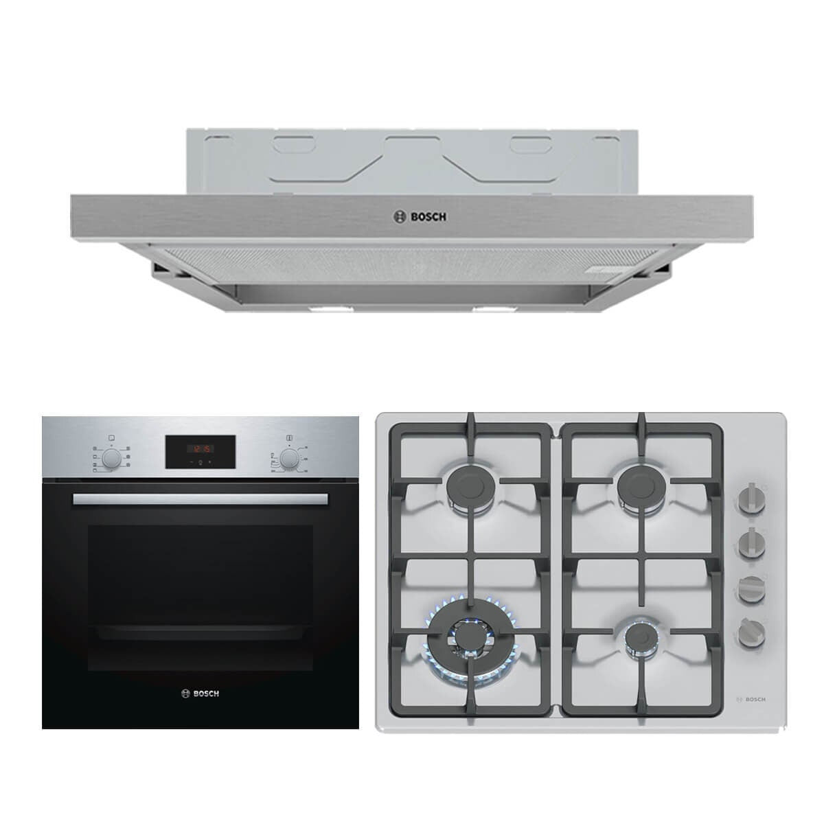 Bosch 60cm Cooking Pack - 66L Electric Oven, 4 Burner Gas Cooktop, Slideout Rangehood - BSHCOOKPACK2