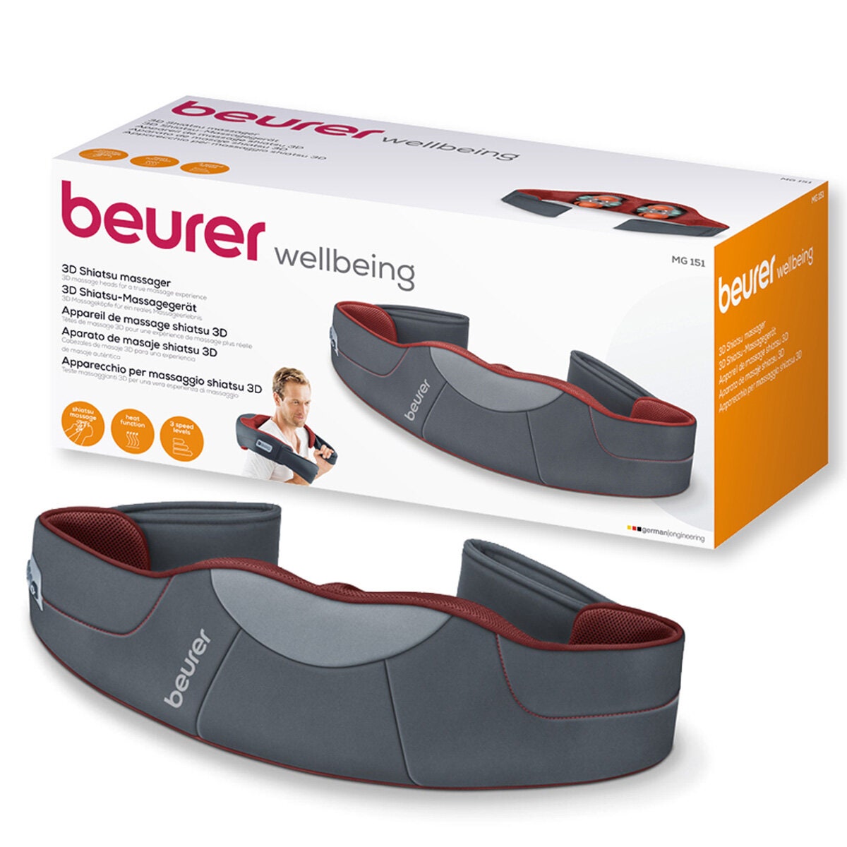 Beurer Deluxe 3D Shiatsu Back and Neck Massager - Eight 3D Massage Heads - Heat Function - MG151
