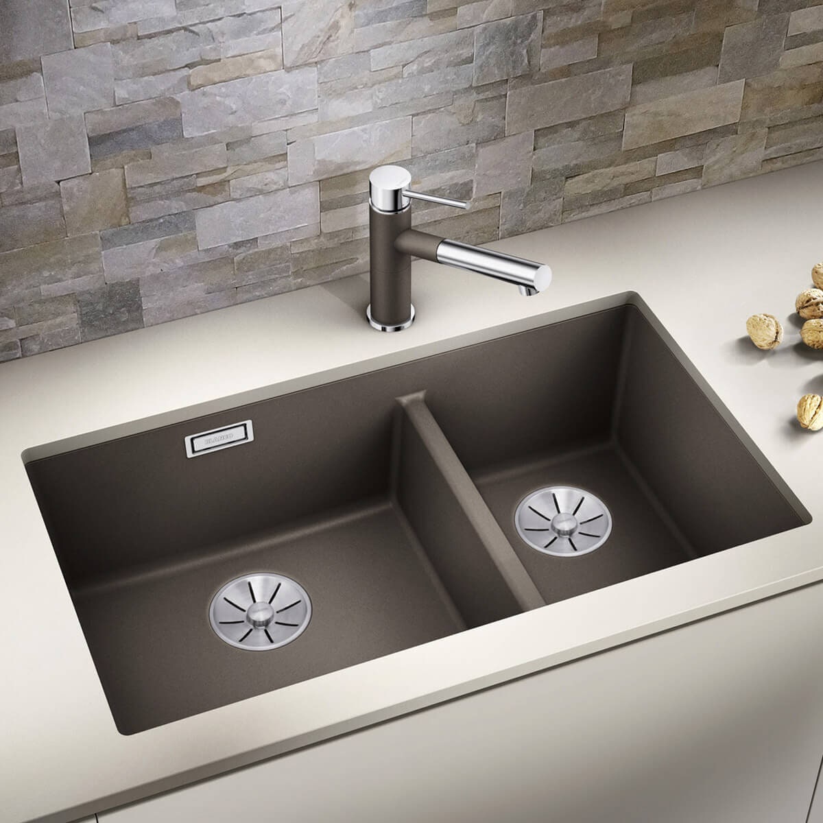 Blanco Subline 430/270 double bowl undermount sink - black Silgranit, covered C-overflow - 528009
