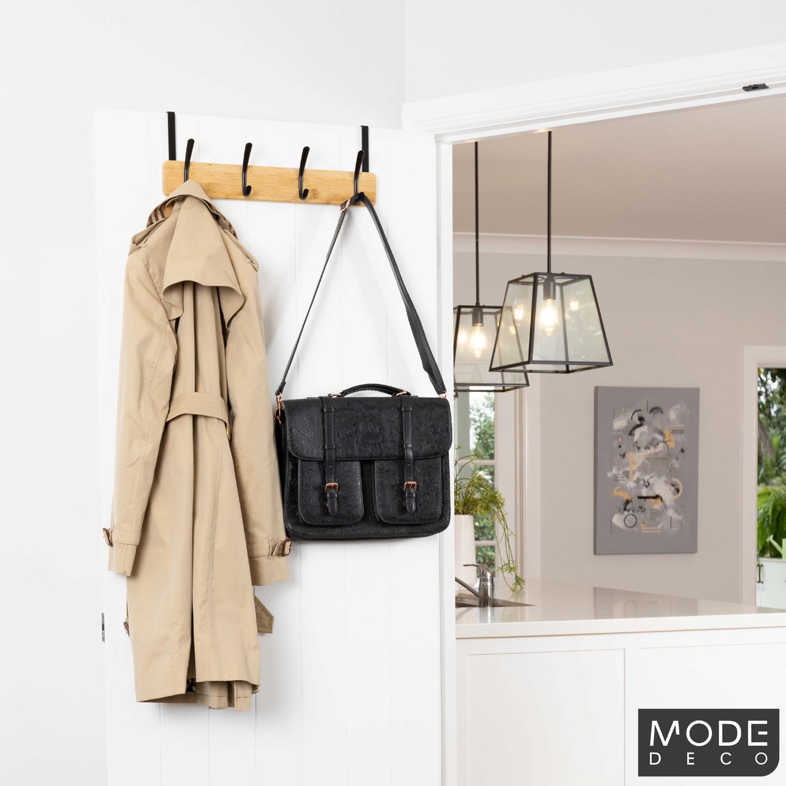 MODE 450 x 70 x 45mm Bamboo Board 4 Black Hooks Over Door Hanger