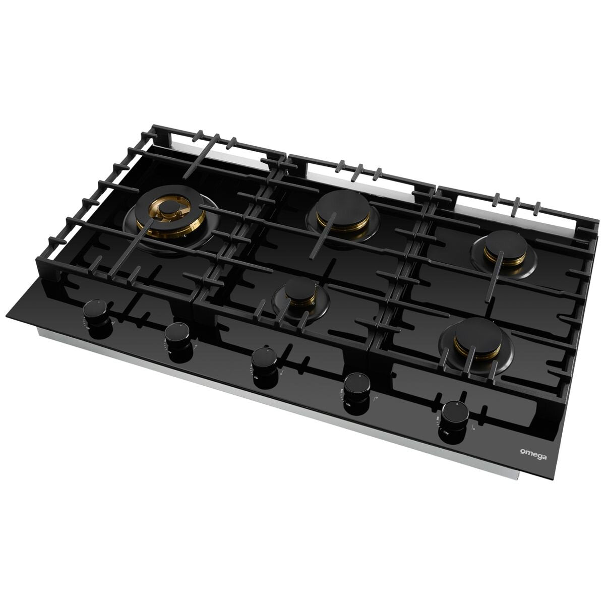 Omega 90cm Natural Gas Cooktop - Black Ceramic Glass, Five Burners, Wok Burner, Brass Burners - OCGG905WB