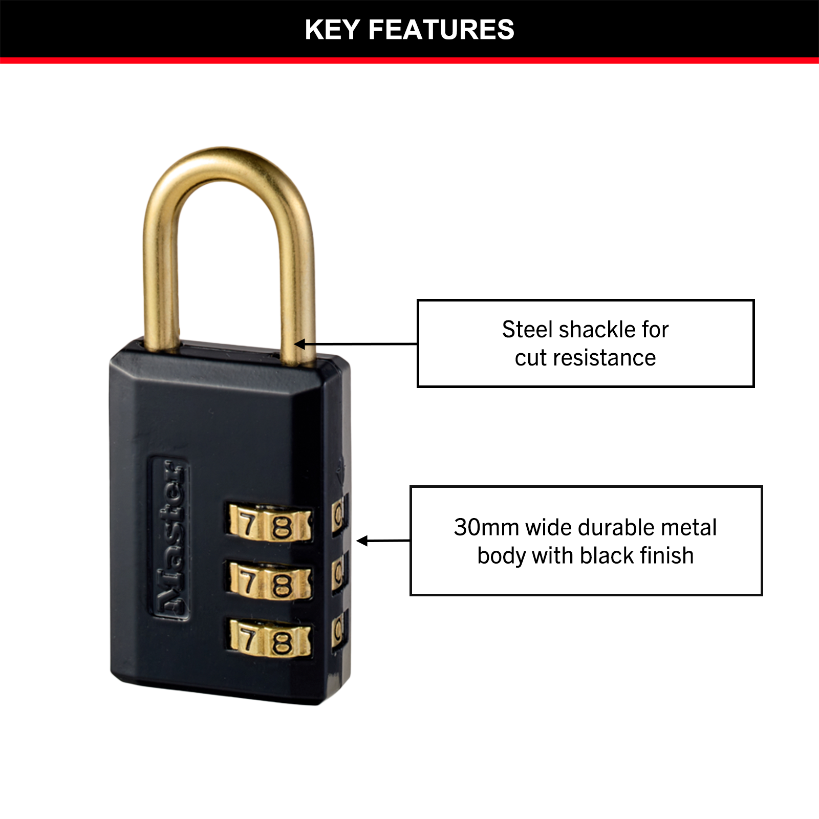 Master Lock 30mm Resettable Combination Padlock, Black