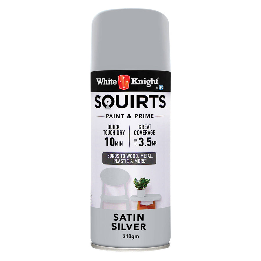 White Knight Squirts 310g Silver Satin Spray Paint - Indoor/Outdoor