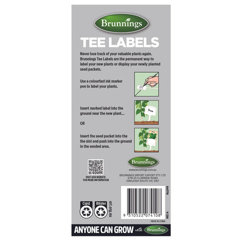 Brunnings Tee Plant Labels 125mm, Reusable Garden Markers, 20 Pack