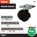 Move It 30mm Hooded Plate Furniture Castor, Nylon Twin Wheel Swivel, 30kg - 2 Pack